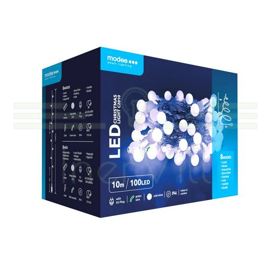 LED karácsonyi fűzér 100LED/10m műanyag kültéri 10db/m fehér-fényű 220-240V AC 10000K Berry Modee - ML-C2010